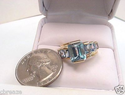 EMERALDS CUTS SKY BLUE NATURAL TOPAZ 14K GOLD RING  