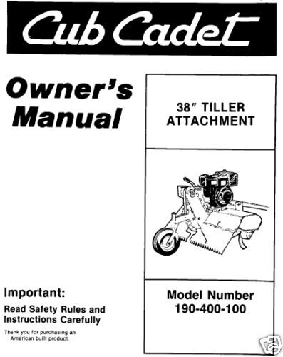 Cub Cadet 38 Tiller Attachment Manual #190 400 100  