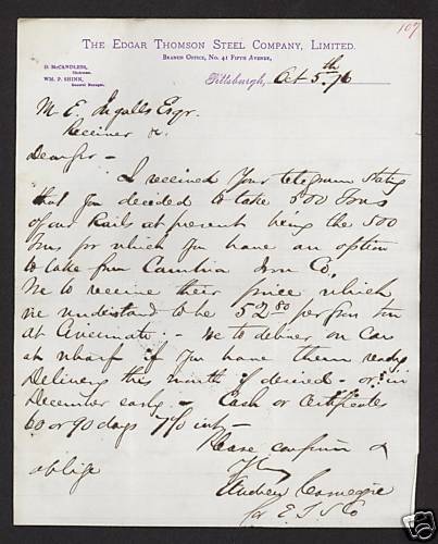 Andrew Carnegie Fantastic Letter Regarding Steel 1876 Men Who Made 