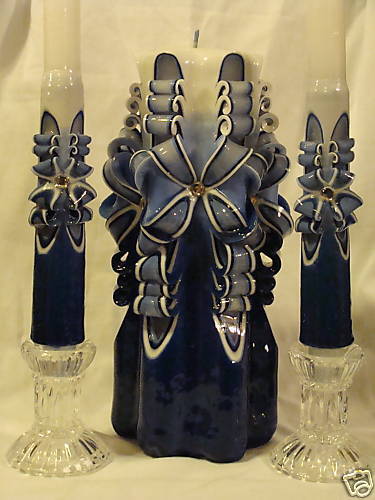 NEW HAND CARVED WEDDING UNITY CANDLE SKY BLUE W/TAPERS  