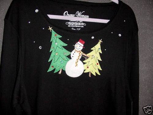 ONQUE WOMAN ADORABLE SNOWMAN AND TREES 1X NWT BLACK  