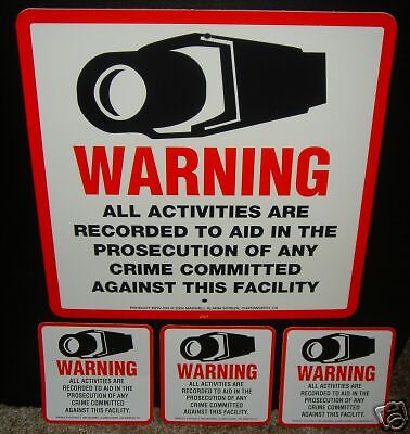 CCTV SECURITY CAMERA DVR WARNING SIGN and 3 WARNING STICKERS DECALS NEW 