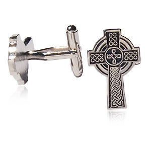 Free Standing Celtic Cross Rhodium Cufflinks w Box P1x3  