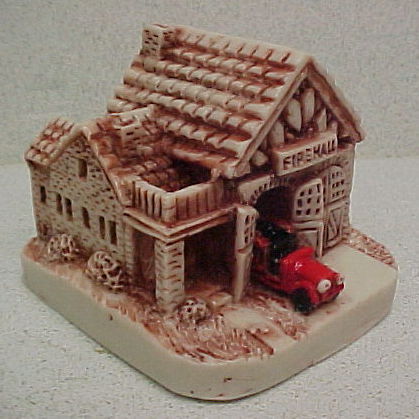 FIRE STATION AND FIRE TRUCK PAPERWEIGHT, MARBLE FIREMAN  