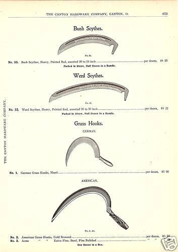 WADSWORTH SCYTHE GRASS HAY HOOK ANTIQUE 1896 CATALOG AD  