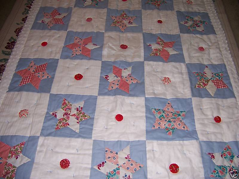 STARS&LINENS FULL QUILT/BLUE&WHITE/CHENILLE BACK/FEEDSA  